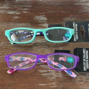 Fashion +2.00 purple & pink print & blue green w/navy blue flower print readers